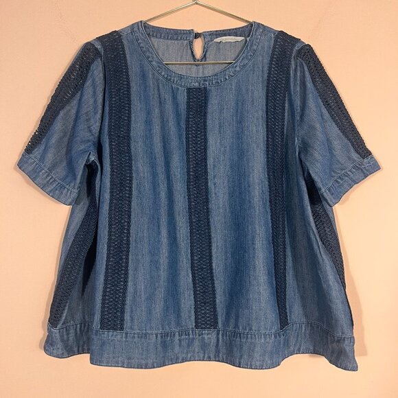 Soft Surroundings Tops - Soft Surroundings Blue Chambray Denim Embroidered Top